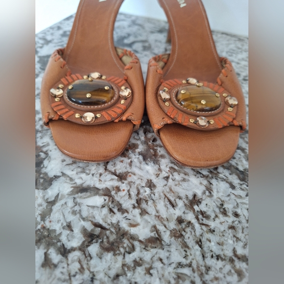 PRADA Brown 40/9.5 Leather Tiger Eye Stone Slide Sandals Kitten Heel Stitching - Picture 2 of 10